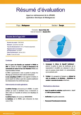 Résumé d'évaluation - Appui au redressement de la JIRAMA (opérateur électrique de Madagascar)