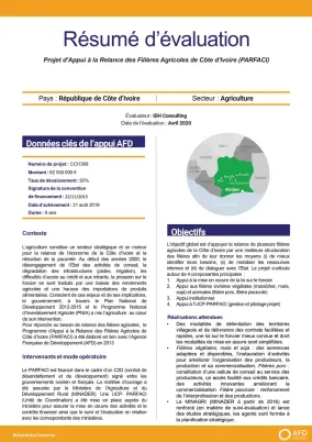 Résumé d'évaluation de projet - Appui à la relance des filières agricoles de Côte d’Ivoire (PARFACI)