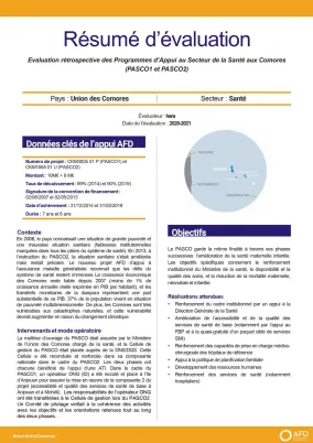 Résumé d'évaluation - Programmes d’appui au secteur de la santé aux Comores (PASCO1 et PASCO2) /CKM3005/CKM1065