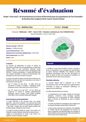 Résumé d'évaluation - Projet « Fast track » de branchements au réseau d’électricité pour les populations de l’arc frontalier du Burkina Faso CBF1326