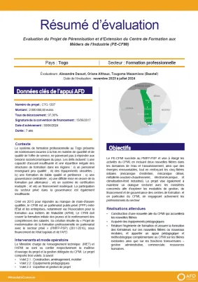 Evaluation du Projet de Pérennisation et d’Extension du Centre de Formation aux Métiers de l’Industrie (PE CFMI)
