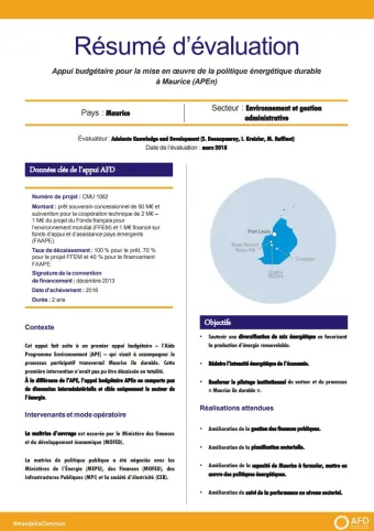 Résumé d'évaluation - Appui budgétaire pour la mise en œuvre de la politique énergétique durable à Maurice (APEn)