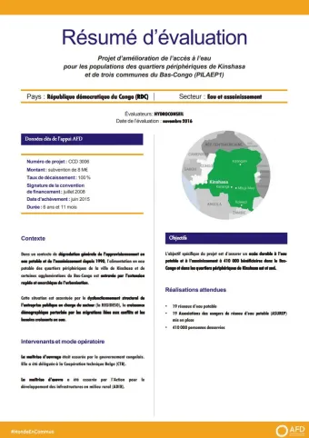 Résumé d'évaluation - Projet d’amélioration de l’accès à l’eau pour les populations des quartiers périphériques de Kinshasa et de trois communes du Bas-Congo (PILAEP1)