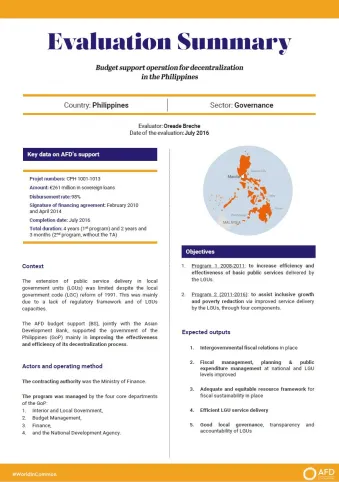 Evaluation Summary - Budget support operation for decentralization in the Philippines
