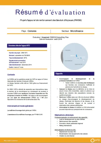 Résumé d'évaluation - Projet d’appui et de renforcement des Sanduk d’Anjouan (PARSA), Comores, CKM1073