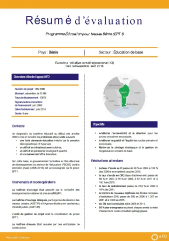 Résumé d'évaluation - Programme Éducation pour tous au Bénin (EPT 1), CBJ6000