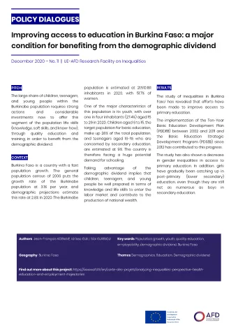 Dialogues de politiques sur l'accès à l’enseignement au Burkina Faso : une condition majeure pour bénéficier du dividende démographique