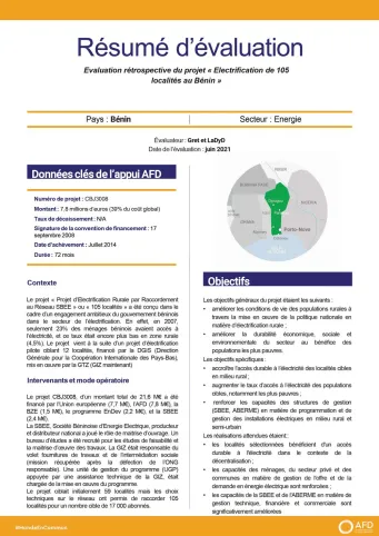 Résumé d'évaluation - Projet « Electrification de 105 localités au Bénin » CBJ3008