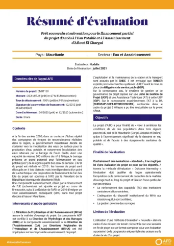 Résumé d'évaluation - Projet d’accès à l’eau potable et à l’assainissement d’Aftout El Chargui, Mauritanie CMR1159