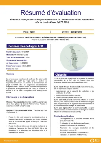 Résumé d'évaluation - Projet d’amélioration de l’alimentation en eau potable de la ville de Lomé (phase 1), Togo CTG3001