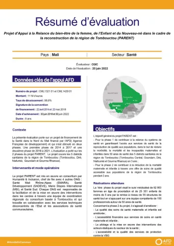 Résumé d'évaluation - Appui à la relance du bien-être de la femme, de l’enfant et du nouveau-né dans le cadre de la reconstruction de la région de Tombouctou (PARENT) - CML1321-1429