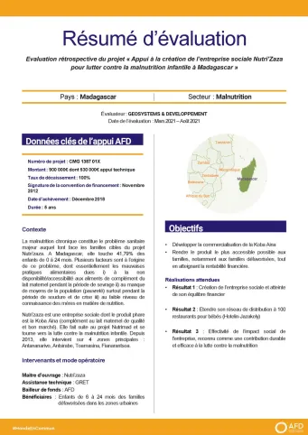 Résumé d’évaluation du projet « Appui à la création de l’entreprise sociale Nutri’Zaza pour lutter contre la malnutrition infantile», Madagascar